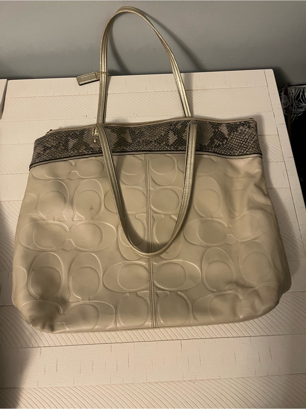 Coach Cream Tote with Snakeskin-Pattern Trim